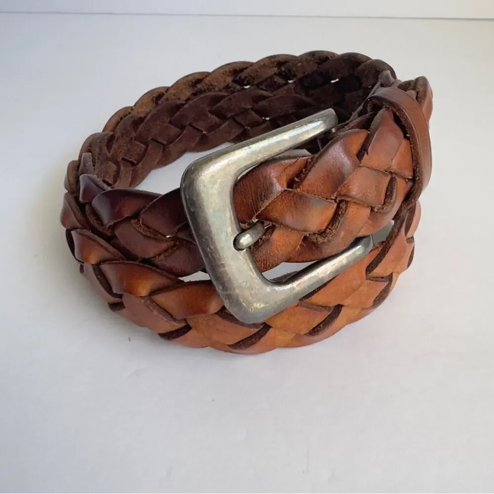 Vintage Brown Woven Leather Belt Western Distressed Boho Wide Braided 28 Small‎